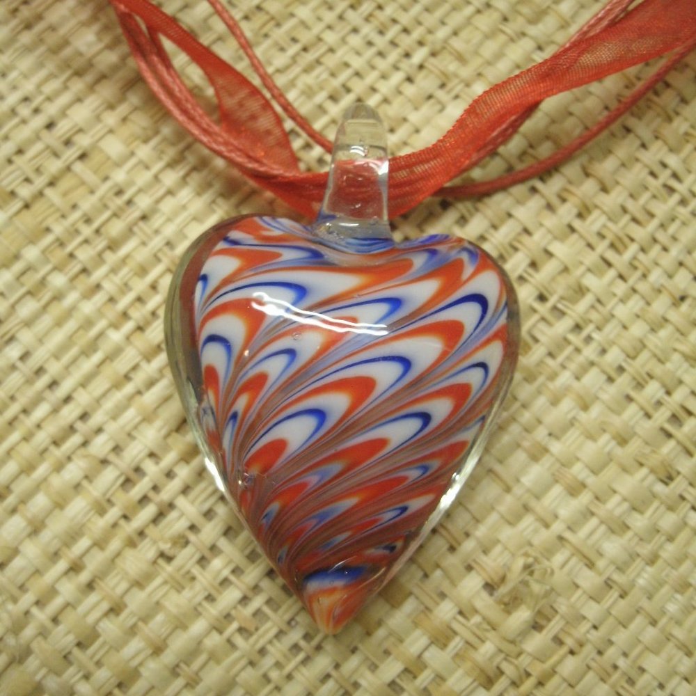 Murano Glass Red White Blue Heart Pendant Necklace